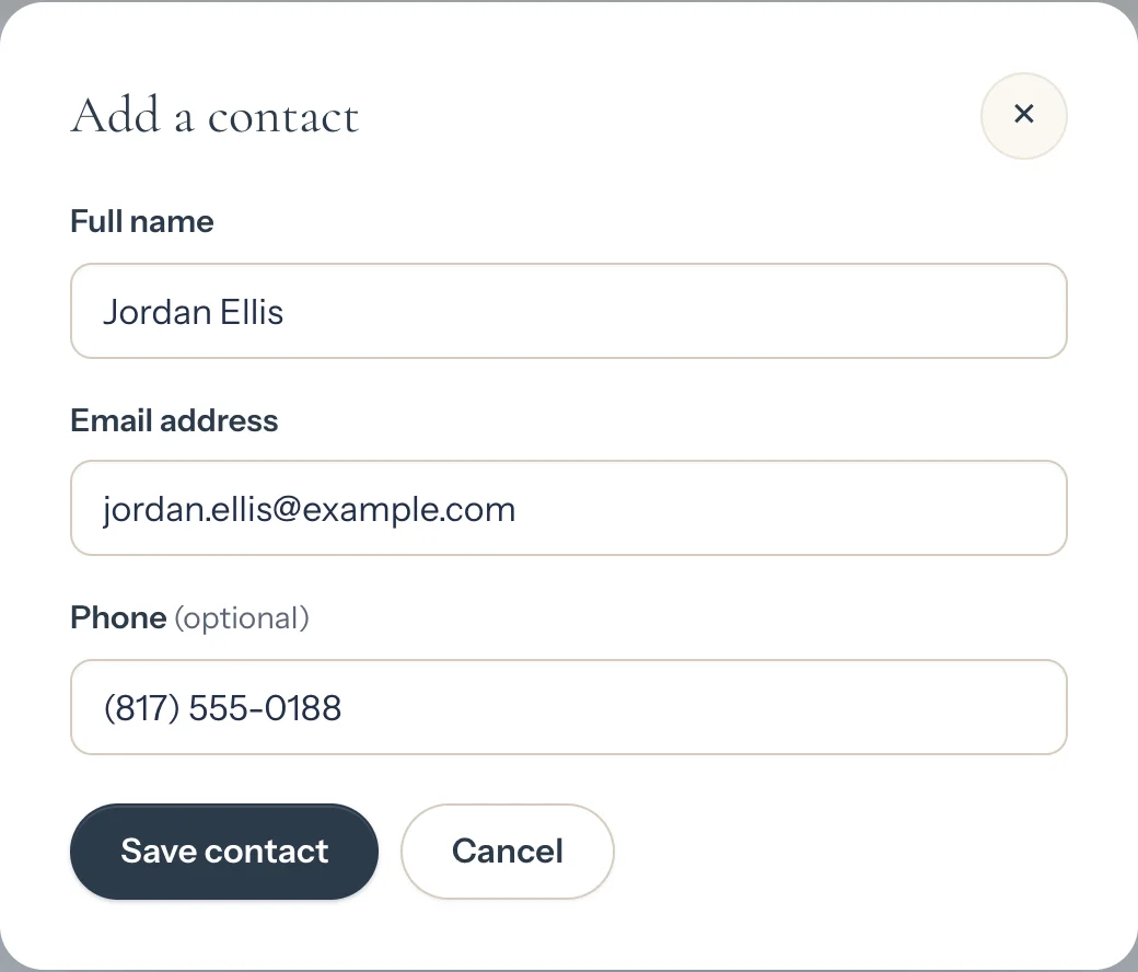 The Add a contact pop-up with Full name, Email address and Phone filled in, and a Save contact button (opens a larger picture)