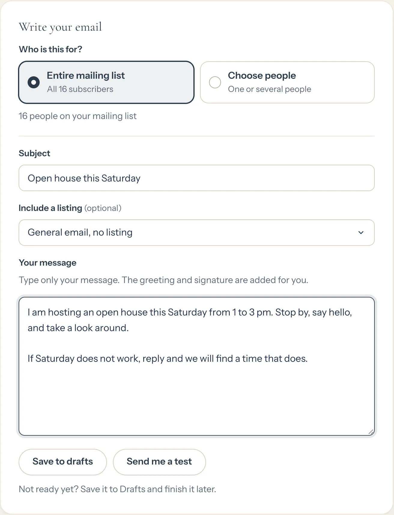 The Write your email form: Who is this for, Subject, Include a listing and Your message (opens a larger picture)