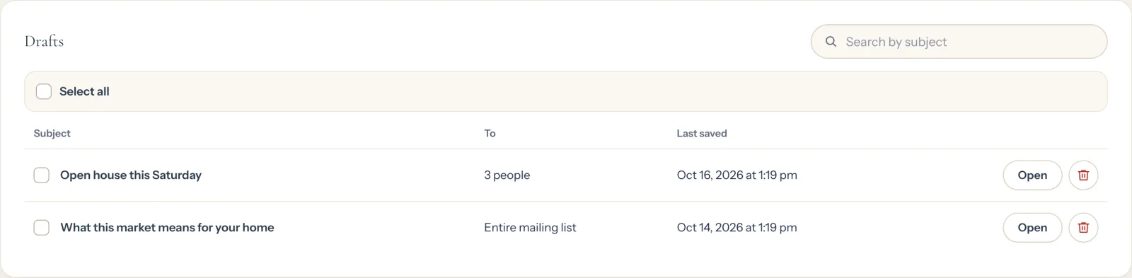The Emails tab showing Drafts: a list of saved emails with Open and delete buttons (opens a larger picture)