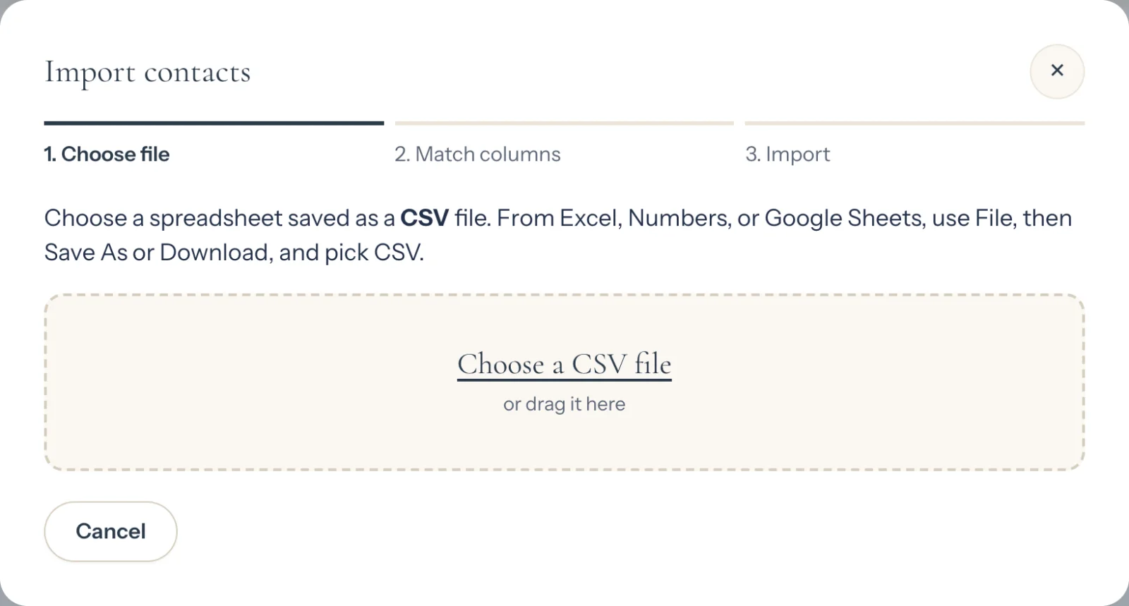 The Import contacts pop-up, step 1 of 3, with a large Choose a CSV file area (opens a larger picture)