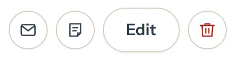 Four buttons at the end of a contact row: an envelope, a notes icon, Edit and a trash can (opens a larger picture)