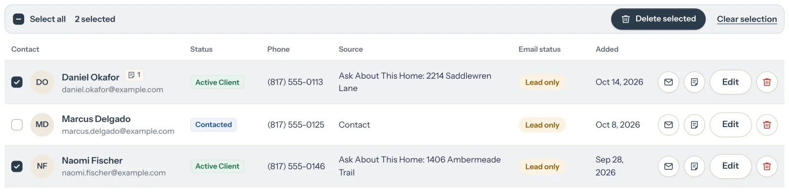 Two contacts checked, with 2 selected and a Delete selected button in the bar above the list (opens a larger picture)