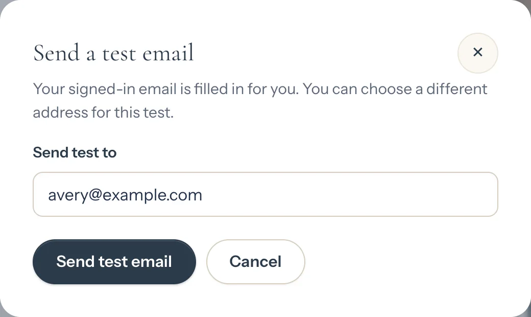 The Send a test email pop-up with your email address filled in (opens a larger picture)
