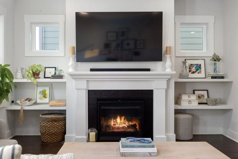 Living room with fireplace and built-ins