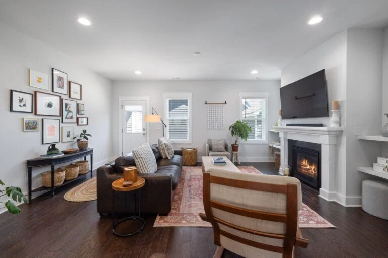 Living and dining, dark wood floors