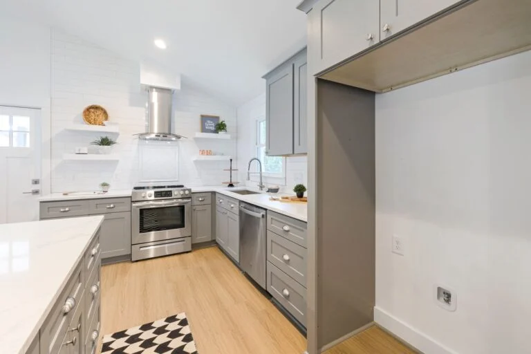 White kitchen with checkered floor